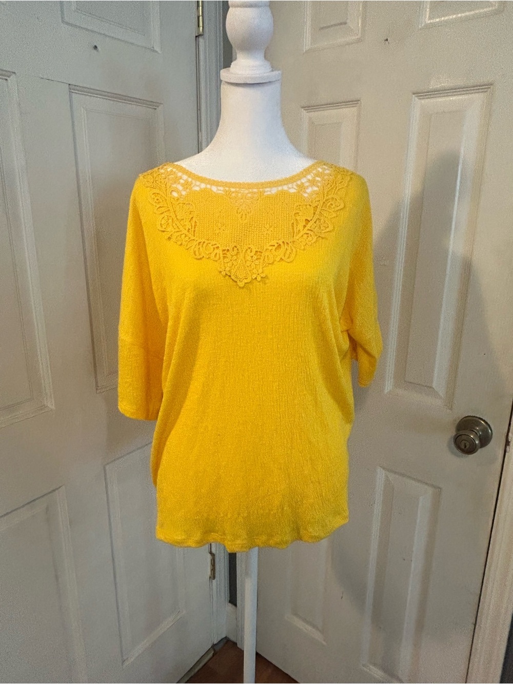 Bright Yellow Crochet Yoke Women's Short Sleeve Blouse